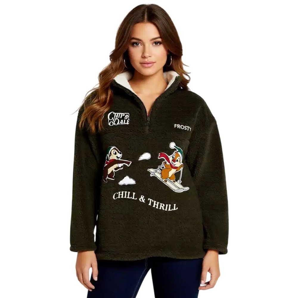 Disney Classics Chip&Dale Sherpa Fleece Quarter Zip Pullover Brown Sm NWT